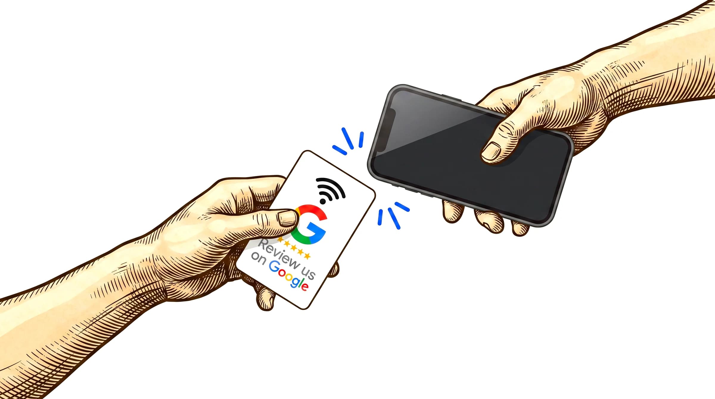 Illustration gravure : une main tend la carte avis Google digivolut, une autre approche un téléphone qui vient la toucher.